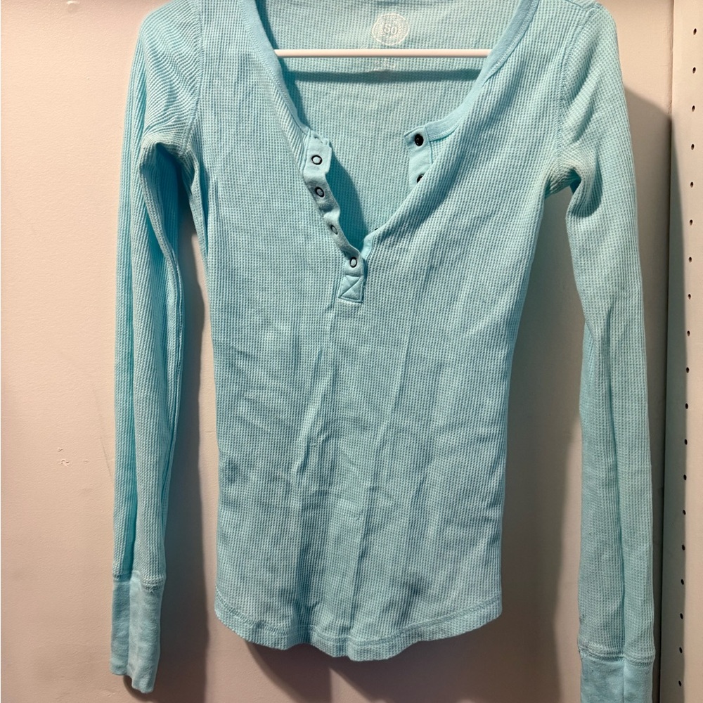 Light Blue Long Sleeve Thermal Henley Top